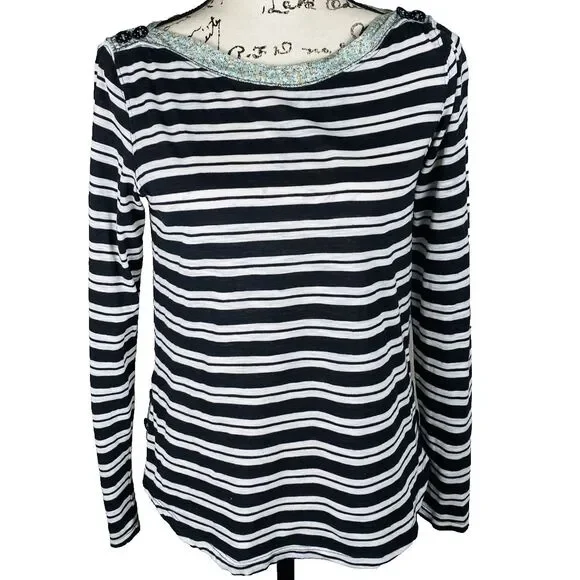 Anthropologie 9-H15 STCL Sz S Long Sleeve Knit Top Black White Striped Boat Neck - Picture 1 of 11